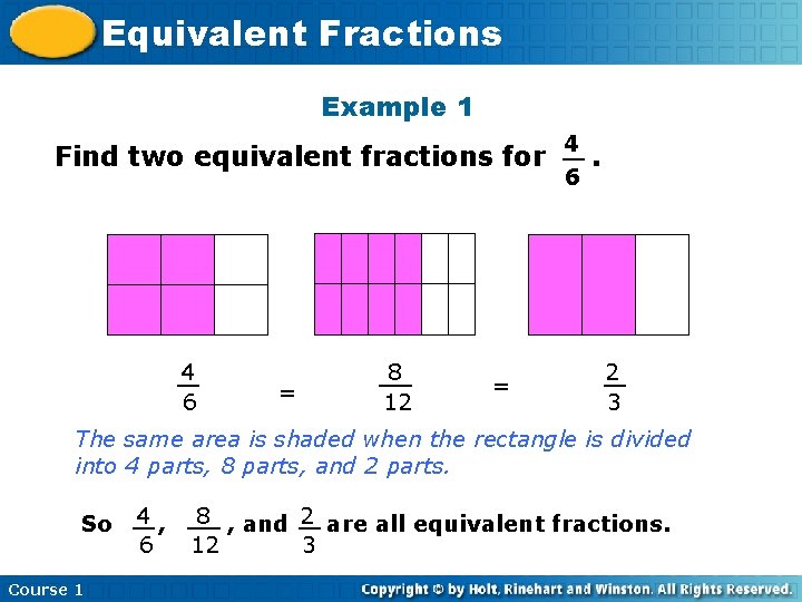 Equivalent Fractions Example 1 Find two equivalent fractions for 4 __ 6 = 8 Equivalent Fractions Example 1 Find two equivalent fractions for 4 __ 6 = 8