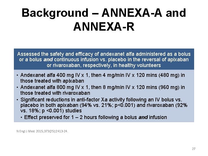 Background – ANNEXA-A and ANNEXA-R Assessed the safety and efficacy of andexanet alfa administered
