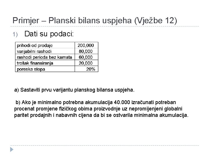 Primjer – Planski bilans uspjeha (Vježbe 12) 1) Dati su podaci: a) Sastaviti prvu