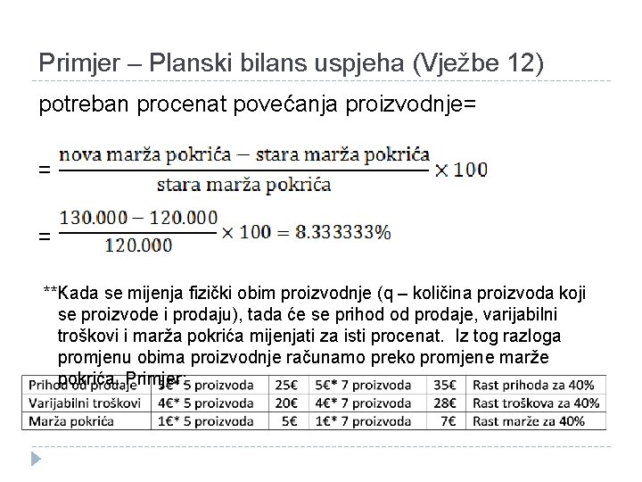 Primjer – Planski bilans uspjeha (Vježbe 12) potreban procenat povećanja proizvodnje= = = **Kada