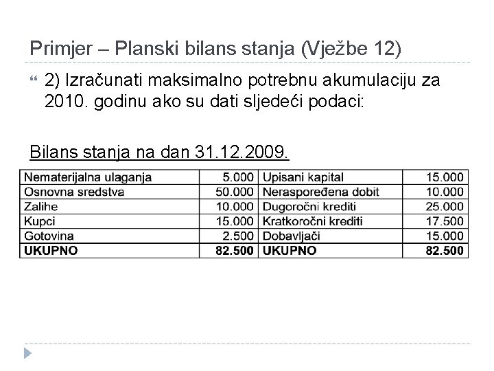 Primjer – Planski bilans stanja (Vježbe 12) 2) Izračunati maksimalno potrebnu akumulaciju za 2010.