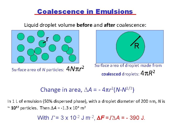 Coalescence in Emulsions Liquid droplet volume before and after coalescence: r Surface area of