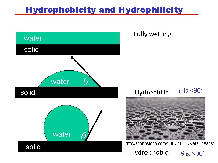 Hydrophobicity and Hydrophilicity Fully wetting water solid water q Hydrophilic solid water solid q