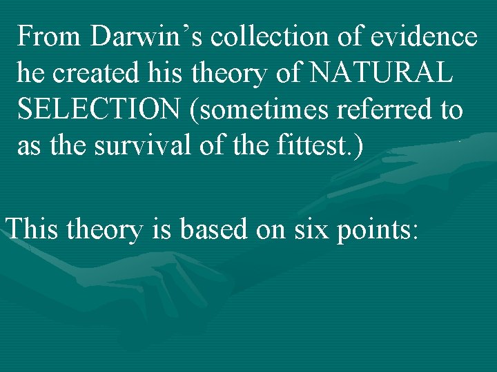 From Darwin’s collection of evidence he created his theory of NATURAL SELECTION (sometimes referred