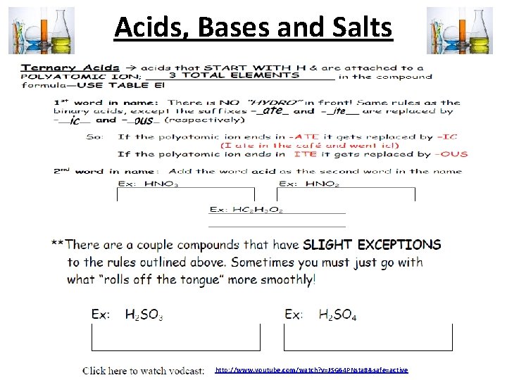 Acids, Bases and Salts http: //www. youtube. com/watch? v=JSG 64 PNsta 8&safe=active 