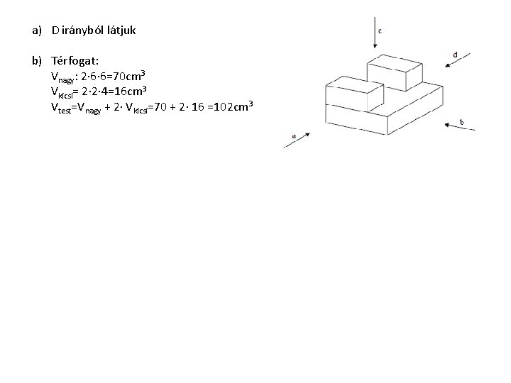 a) D irányból látjuk b) Térfogat: Vnagy: 2∙ 6∙ 6=70 cm 3 Vkicsi= 2∙