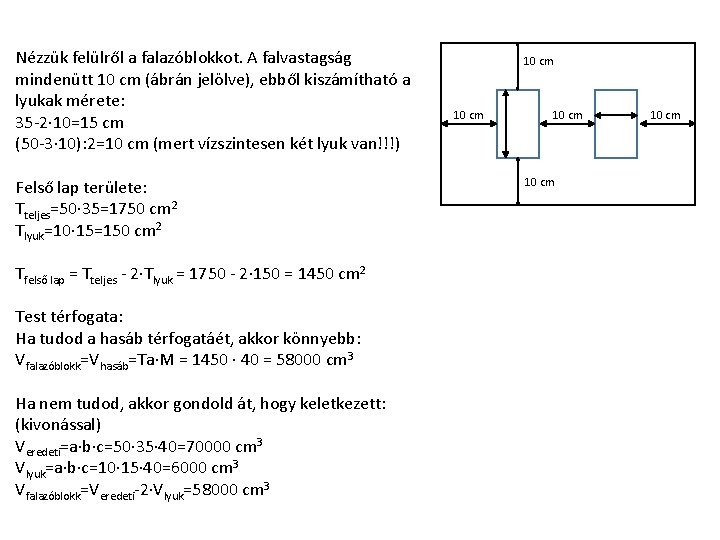 Nézzük felülről a falazóblokkot. A falvastagság mindenütt 10 cm (ábrán jelölve), ebből kiszámítható a