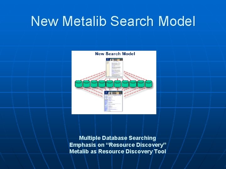 New Metalib Search Model Multiple Database Searching Emphasis on “Resource Discovery” Metalib as Resource
