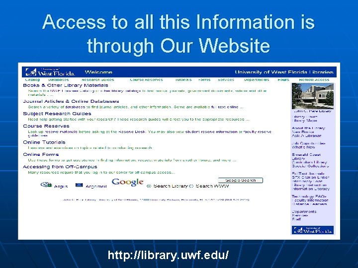 Access to all this Information is through Our Website http: //library. uwf. edu/ 