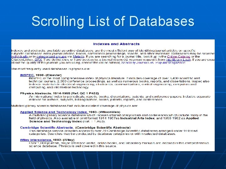 Scrolling List of Databases 