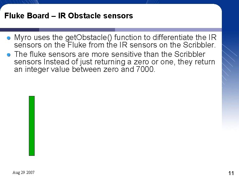 Fluke Board – IR Obstacle sensors Myro uses the get. Obstacle() function to differentiate Fluke Board – IR Obstacle sensors Myro uses the get. Obstacle() function to differentiate