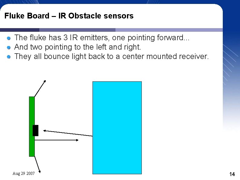 Fluke Board – IR Obstacle sensors The fluke has 3 IR emitters, one pointing Fluke Board – IR Obstacle sensors The fluke has 3 IR emitters, one pointing