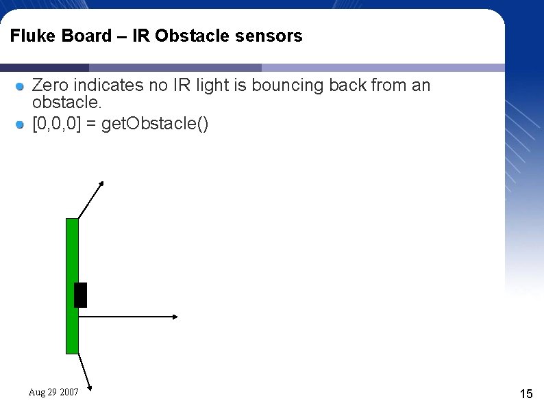 Fluke Board – IR Obstacle sensors Zero indicates no IR light is bouncing back Fluke Board – IR Obstacle sensors Zero indicates no IR light is bouncing back