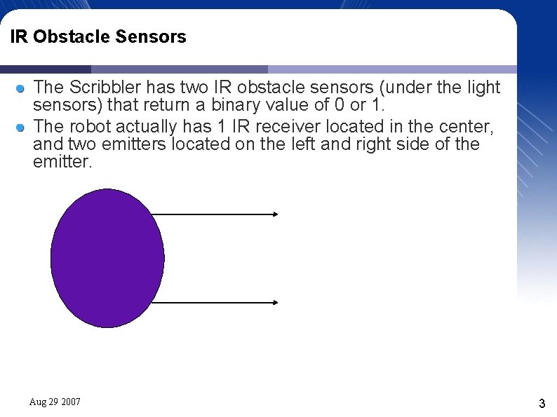 IR Obstacle Sensors The Scribbler has two IR obstacle sensors (under the light sensors) IR Obstacle Sensors The Scribbler has two IR obstacle sensors (under the light sensors)