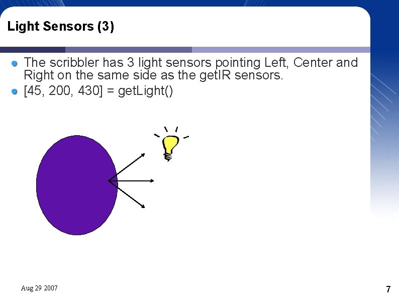 Light Sensors (3) The scribbler has 3 light sensors pointing Left, Center and Right Light Sensors (3) The scribbler has 3 light sensors pointing Left, Center and Right