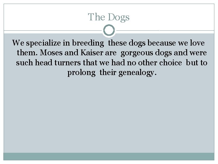 The Dogs We specialize in breeding these dogs because we love them. Moses and