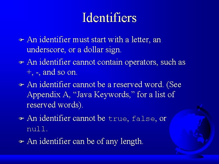 Identifiers An identifier must start with a letter, an underscore, or a dollar sign.