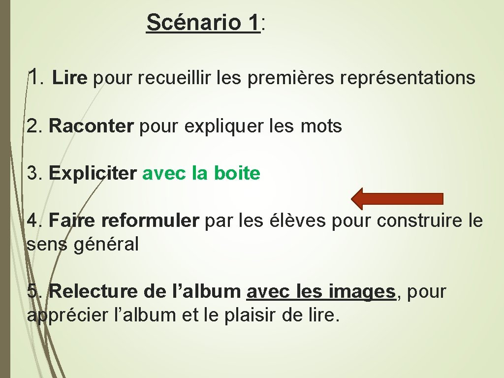 Scénario 1: 1. Lire pour recueillir les premières représentations 2. Raconter pour expliquer les