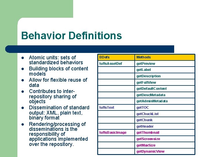 Behavior Definitions l l l Atomic units: sets of standardized behaviors Building blocks of