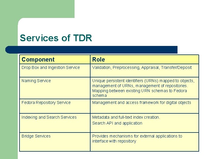 Services of TDR Component Role Drop Box and Ingestion Service Validation, Preprocessing, Appraisal, Transfer/Deposit