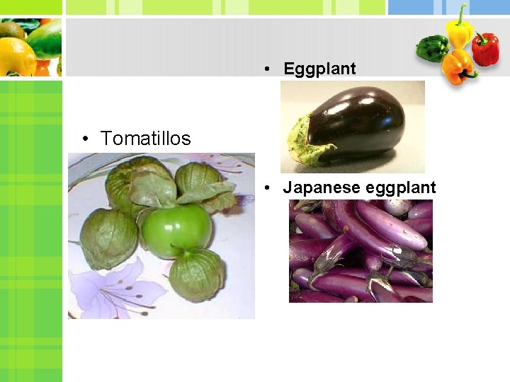  • Eggplant • Tomatillos • Japanese eggplant 