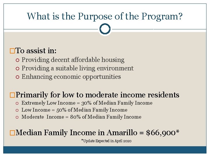 What is the Purpose of the Program? �To assist in: Providing decent affordable housing