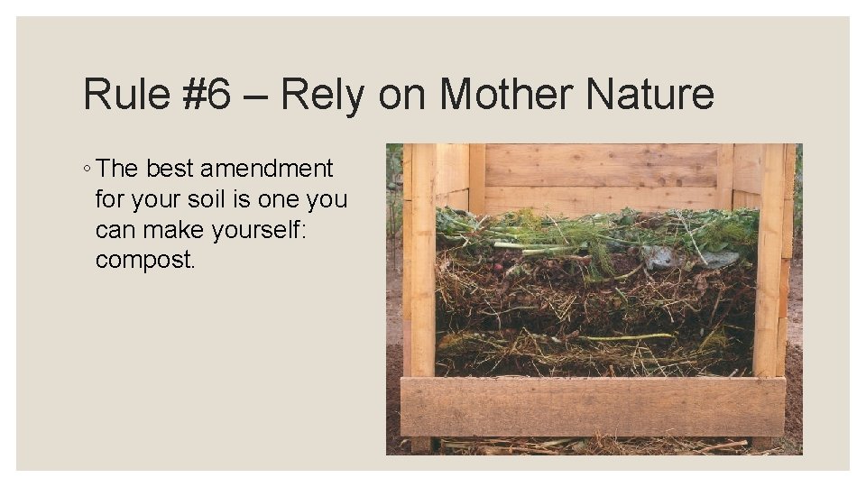 Rule #6 – Rely on Mother Nature ◦ The best amendment for your soil