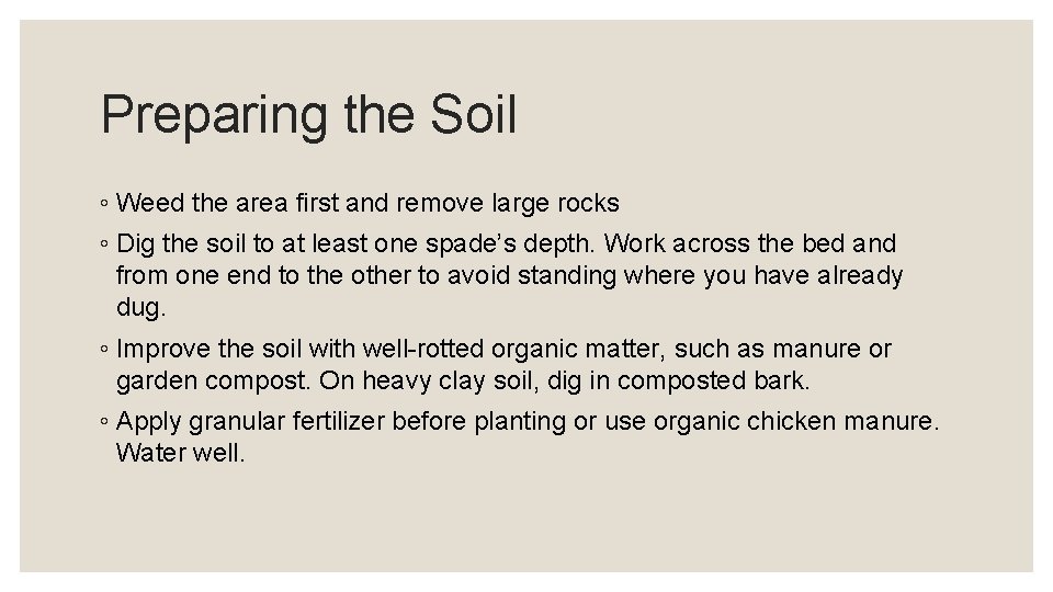 Preparing the Soil ◦ Weed the area first and remove large rocks ◦ Dig