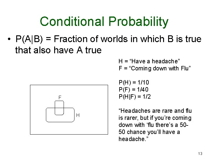 Conditional Probability • P(A|B) = Fraction of worlds in which B is true that