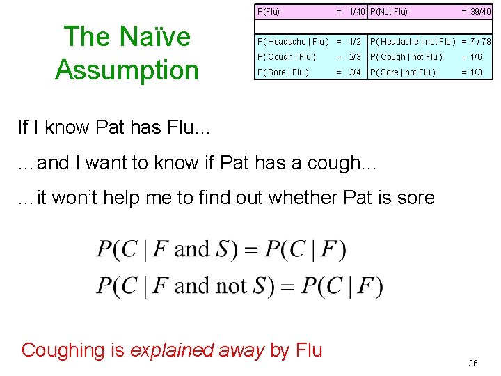 P(Flu) The Naïve Assumption = 1/40 P(Not Flu) = 39/40 P( Headache | Flu
