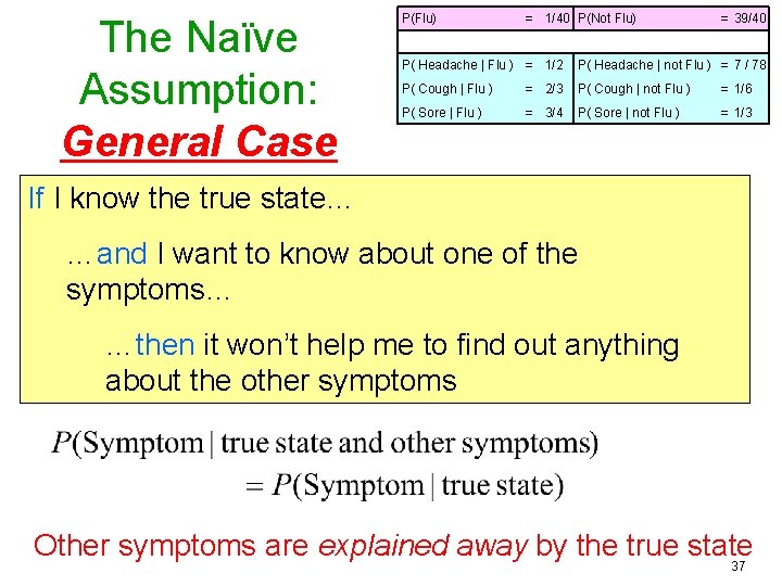 The Naïve Assumption: General Case P(Flu) = 1/40 P(Not Flu) = 39/40 P( Headache