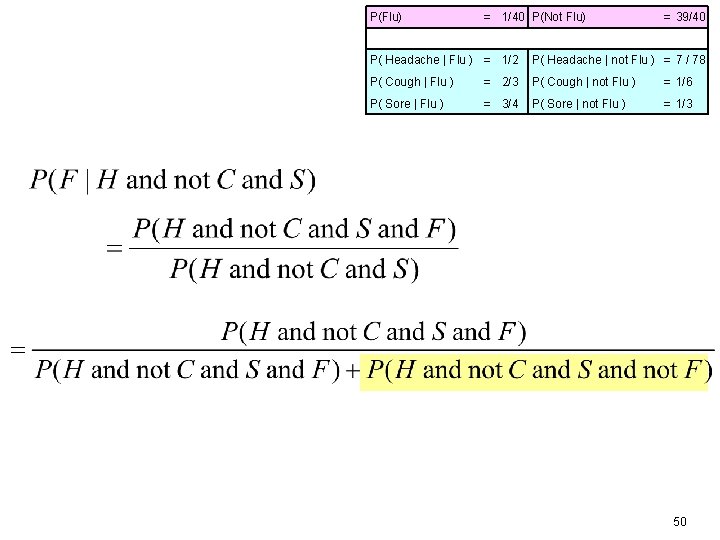 P(Flu) = 1/40 P(Not Flu) = 39/40 P( Headache | Flu ) = 1/2