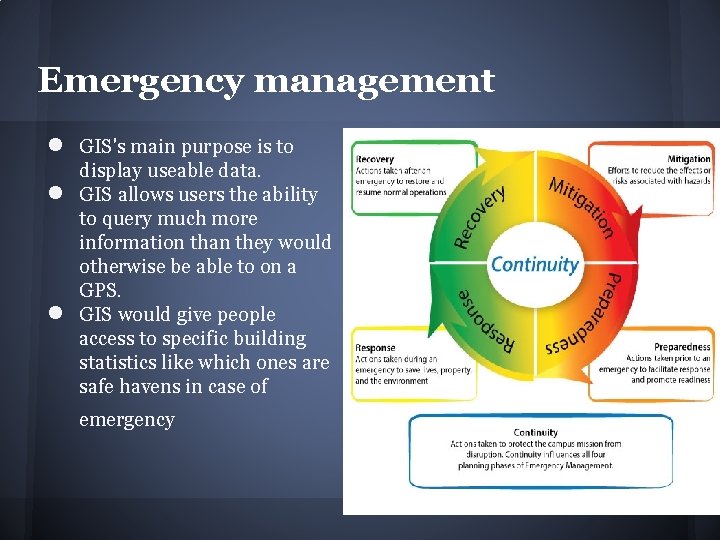 Emergency management ● ● ● GIS's main purpose is to display useable data. GIS Emergency management ● ● ● GIS's main purpose is to display useable data. GIS