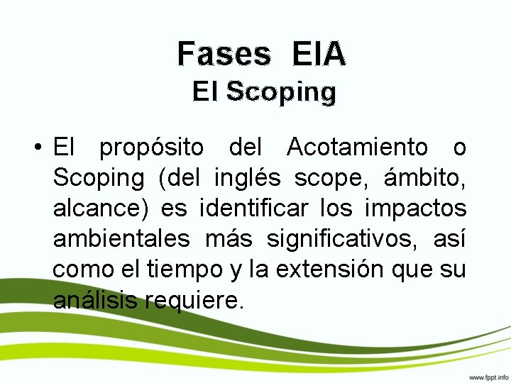Fases EIA El Scoping • El propósito del Acotamiento o Scoping (del inglés scope,