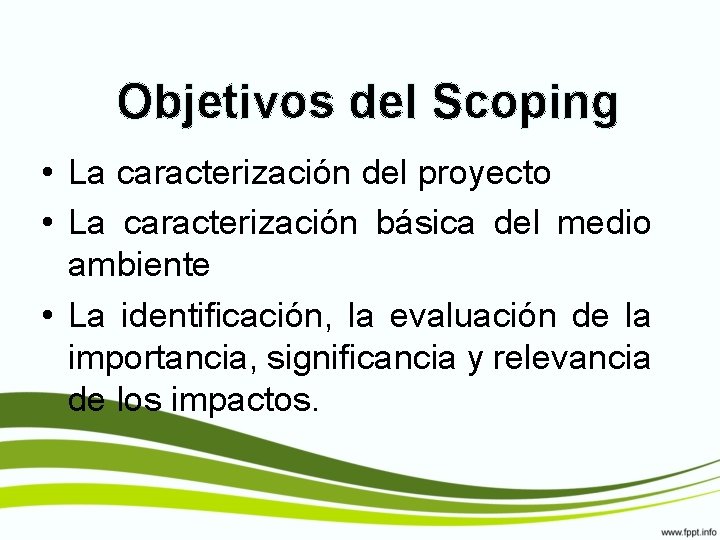 Objetivos del Scoping • La caracterización del proyecto • La caracterización básica del medio