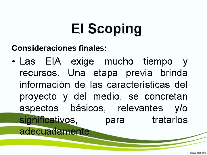 El Scoping Consideraciones finales: • Las EIA exige mucho tiempo y recursos. Una etapa