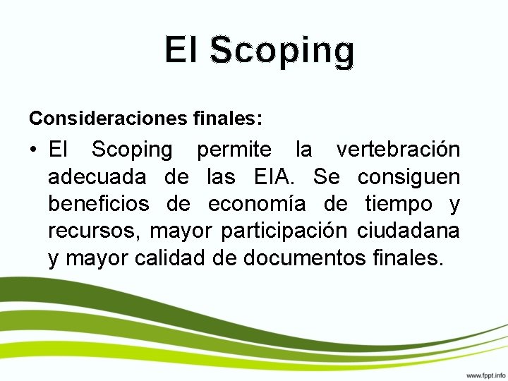 El Scoping Consideraciones finales: • El Scoping permite la vertebración adecuada de las EIA.