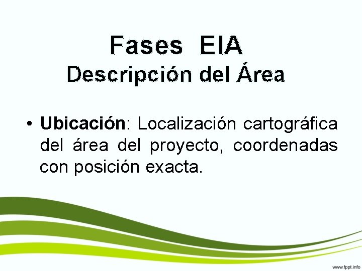 Fases EIA Descripción del Área • Ubicación: Localización cartográfica del área del proyecto, coordenadas