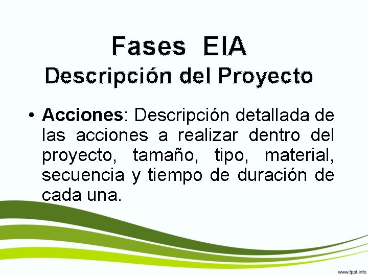 Fases EIA Descripción del Proyecto • Acciones: Descripción detallada de las acciones a realizar