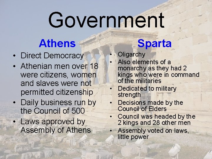 Government Athens Sparta • Direct Democracy • Athenian men over 18 were citizens, women