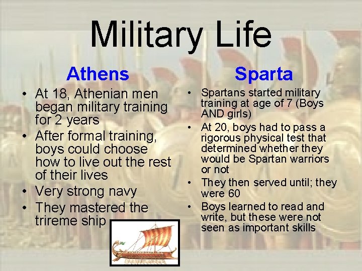 Military Life Athens Sparta • At 18, Athenian men began military training for 2