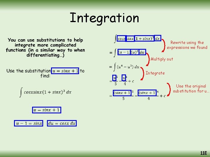 Integration • Rewrite using the expressions we found Multiply out Integrate Use the original