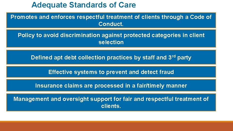 Adequate Standards of Care Promotes and enforces respectful treatment of clients through a Code