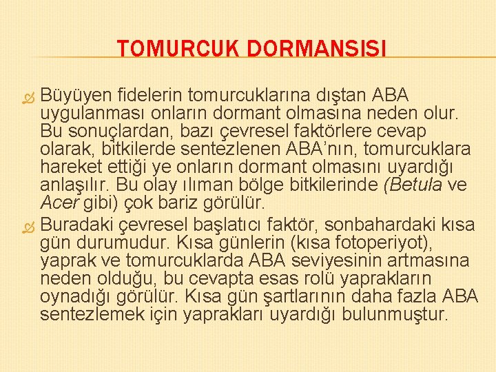 TOMURCUK DORMANSISI Büyüyen fidelerin tomurcuklarına dıştan ABA uygulanması onların dormant olmasına neden olur. Bu