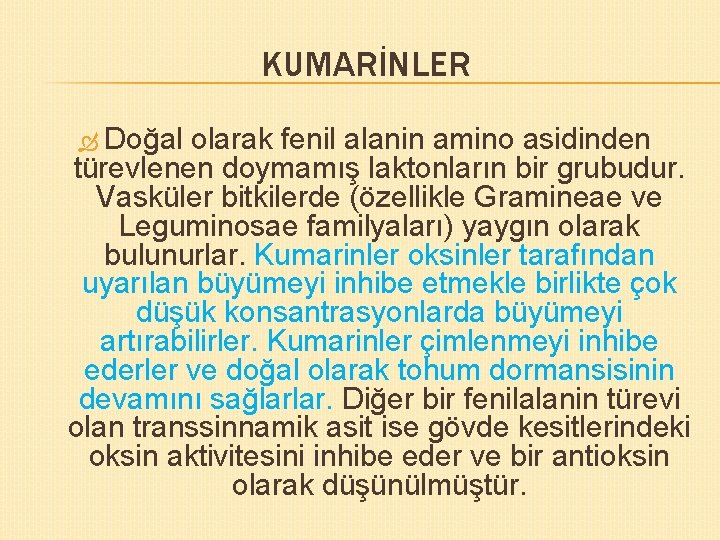 KUMARİNLER Doğal olarak fenil alanin amino asidinden türevlenen doymamış laktonların bir grubudur. Vasküler bitkilerde