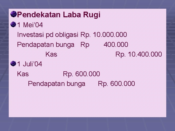 Pendekatan Laba Rugi 1 Mei’ 04 Investasi pd obligasi Rp. 10. 000 Pendapatan bunga