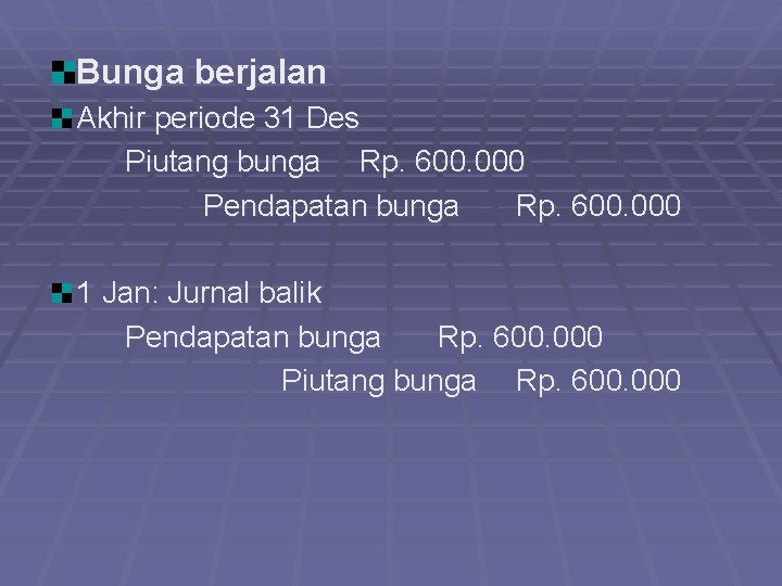 Bunga berjalan Akhir periode 31 Des Piutang bunga Rp. 600. 000 Pendapatan bunga Rp.