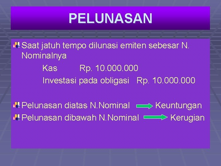 PELUNASAN Saat jatuh tempo dilunasi emiten sebesar N. Nominalnya Kas Rp. 10. 000 Investasi