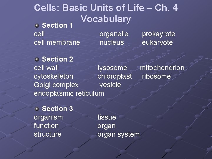 Cells: Basic Units of Life – Ch. 4 Vocabulary Section 1 cell membrane organelle
