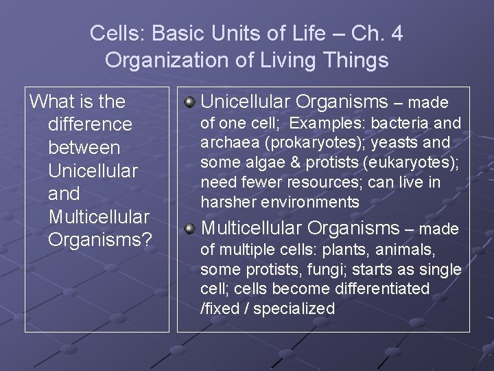 Cells: Basic Units of Life – Ch. 4 Organization of Living Things What is